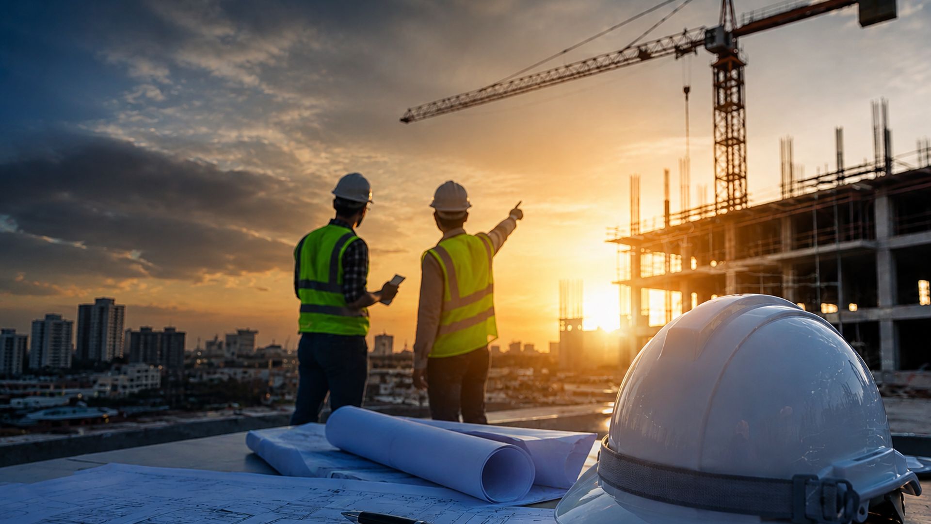 Engenheiros em obra ao pôr do sol